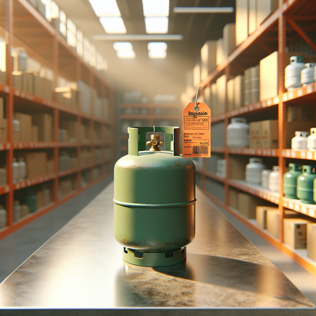 20lb propane tank on a retail counter at a hardware store
