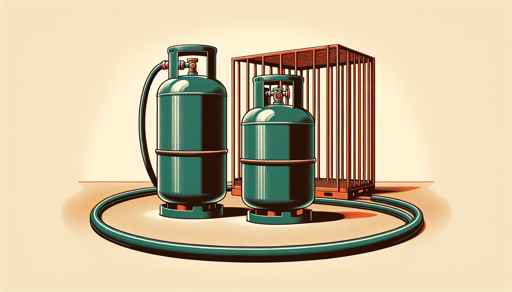 Two green propane tanks side by side: left tank being refilled via hose, right tank in an exchange cage